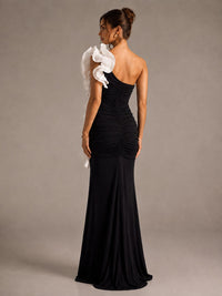 Black Ruched Strapless Maxi Dress with White Floral Ruffle