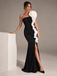 Black Ruched Strapless Maxi Dress with White Floral Ruffle