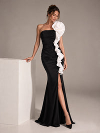 Black Ruched Strapless Maxi Dress with White Floral Ruffle