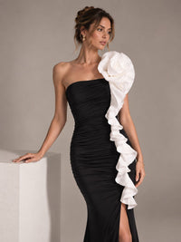 Black Ruched Strapless Maxi Dress with White Floral Ruffle