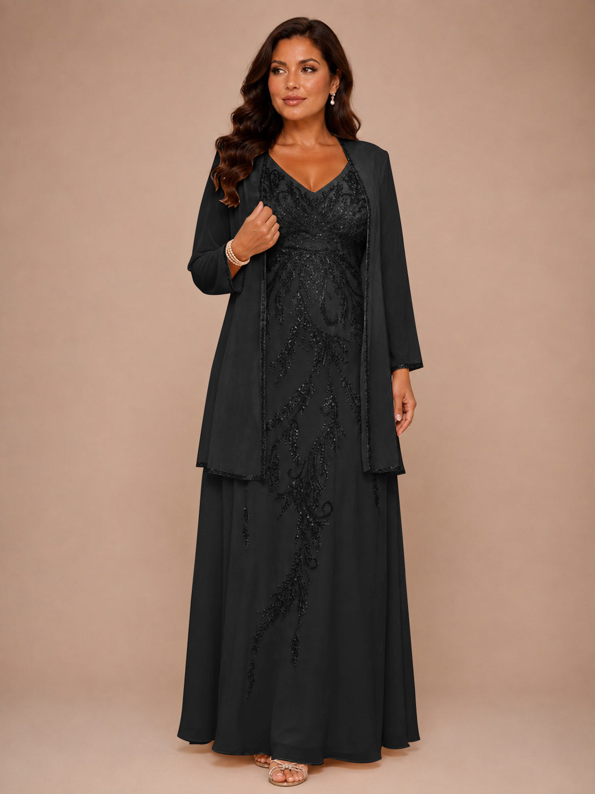 Champagne Beaded Chiffon Mother of the Bride Dress with Jacket V-Neck Gown