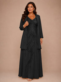 Champagne Beaded Chiffon Mother of the Bride Dress with Jacket V-Neck Gown