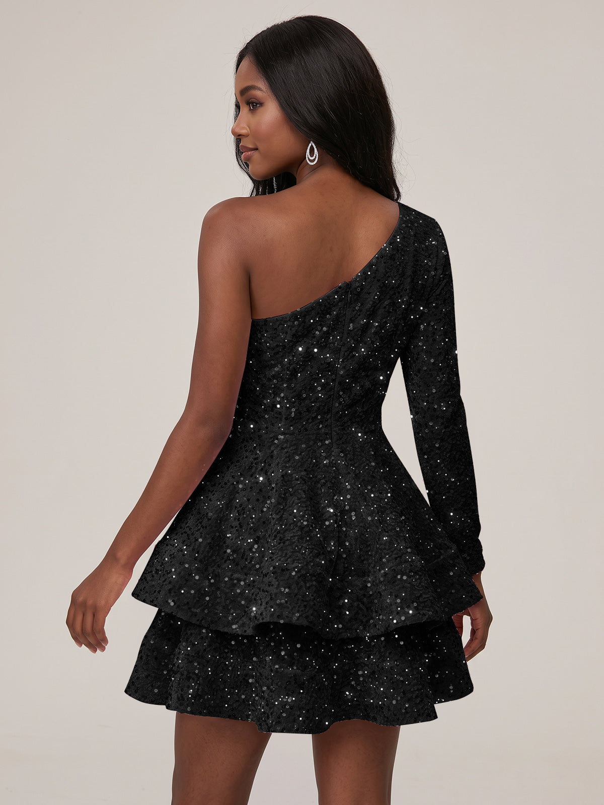 Puffy One Shoulder Sequin Tiered Mini Dress