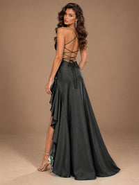 Burgundy Spaghetti Strap Ruched Prom Dress with Ruffled High Slit