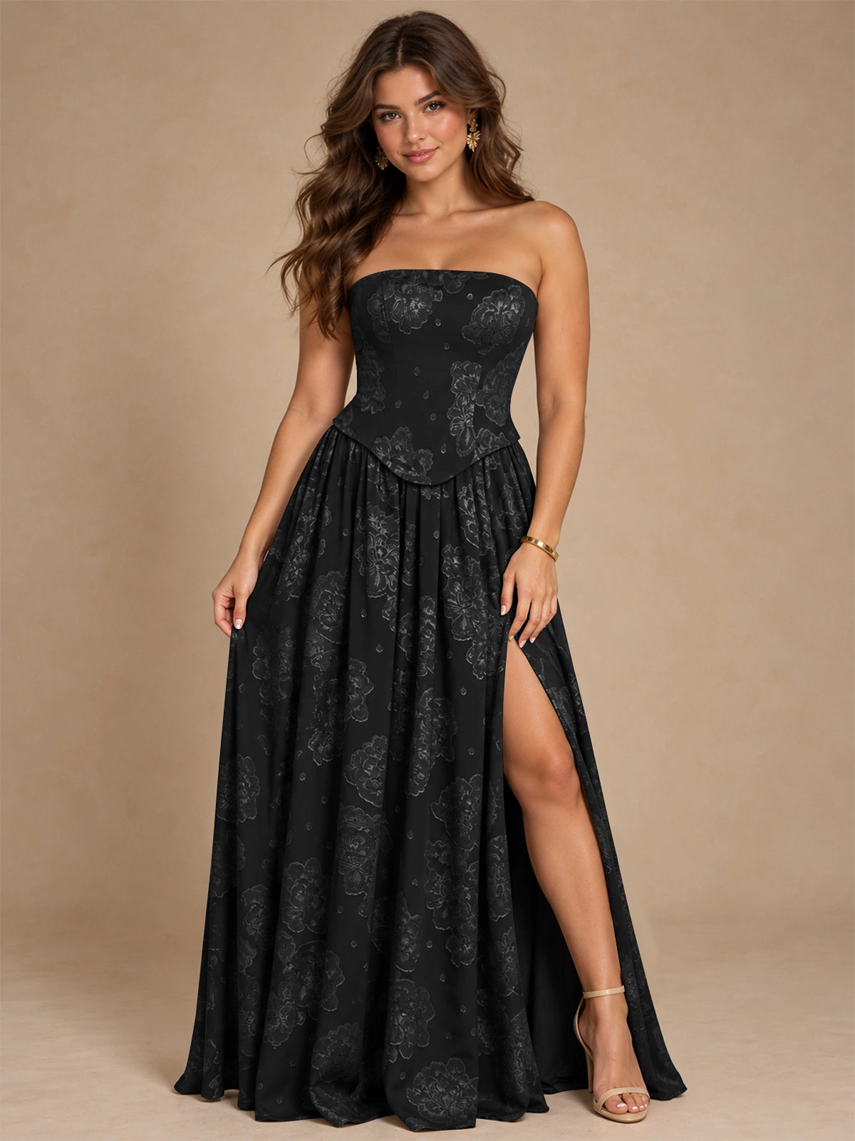 Chocolate Brown Floral Strapless Corset A-Line Evening Gown with Slit