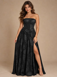 Chocolate Brown Floral Strapless Corset A-Line Evening Gown with Slit