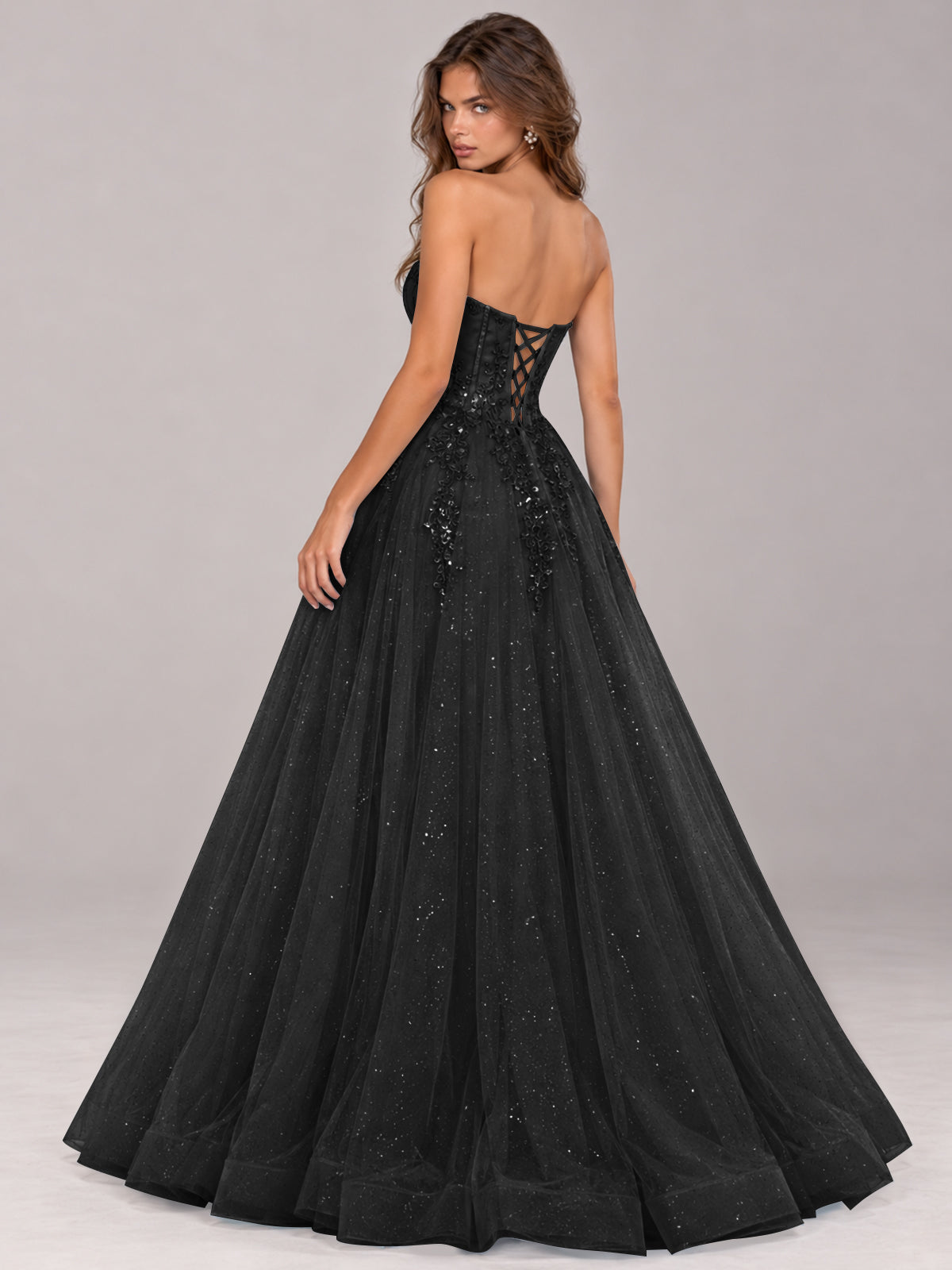 Strapless Sweetheart Beaded Corset Glitter Tulle Ball Gown Prom Dress