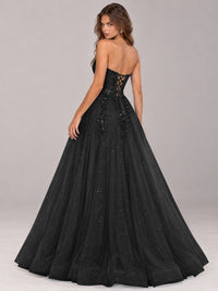 Strapless Sweetheart Beaded Corset Glitter Tulle Ball Gown Prom Dress