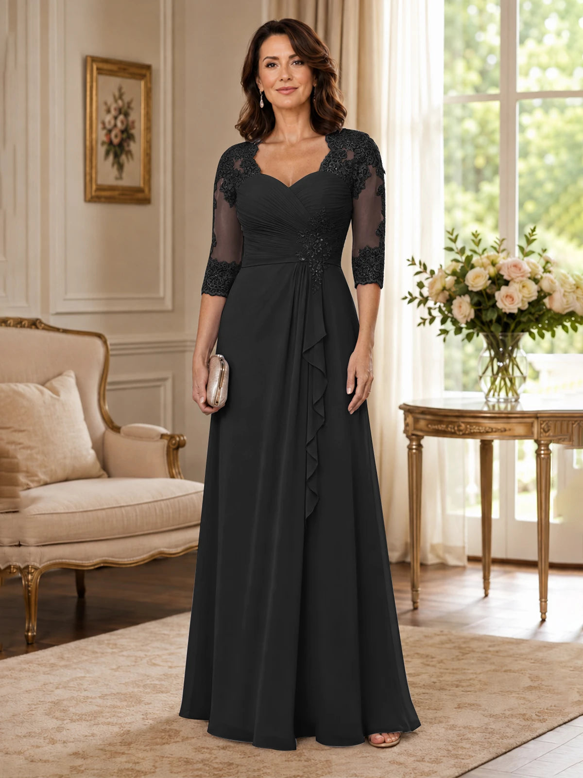 Chiffon Lace Applique Mother of the Bride Dress with 3/4 Sleeves