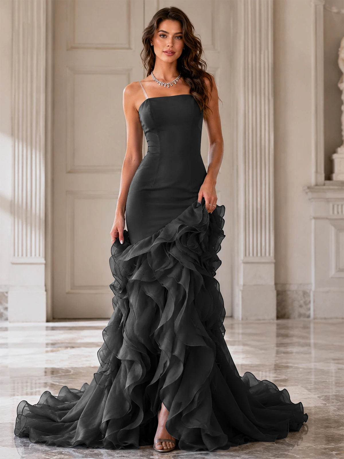 Mermaid Formal Evening Dress with Layered Ruffle Train