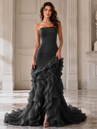 Mermaid Formal Evening Dress with Layered Ruffle Train
