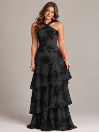 Tiered Ruffles Halter Floral Applique Prom Dress