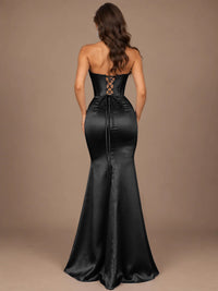 Dusty Blue Strapless Lace Corset Prom Dress with High Slit