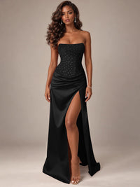 Burgundy Strapless Sparkly Corset Prom Dress with High Slit