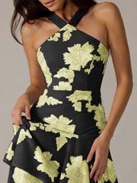 Tiered Ruffles Halter Floral Applique Prom Dress