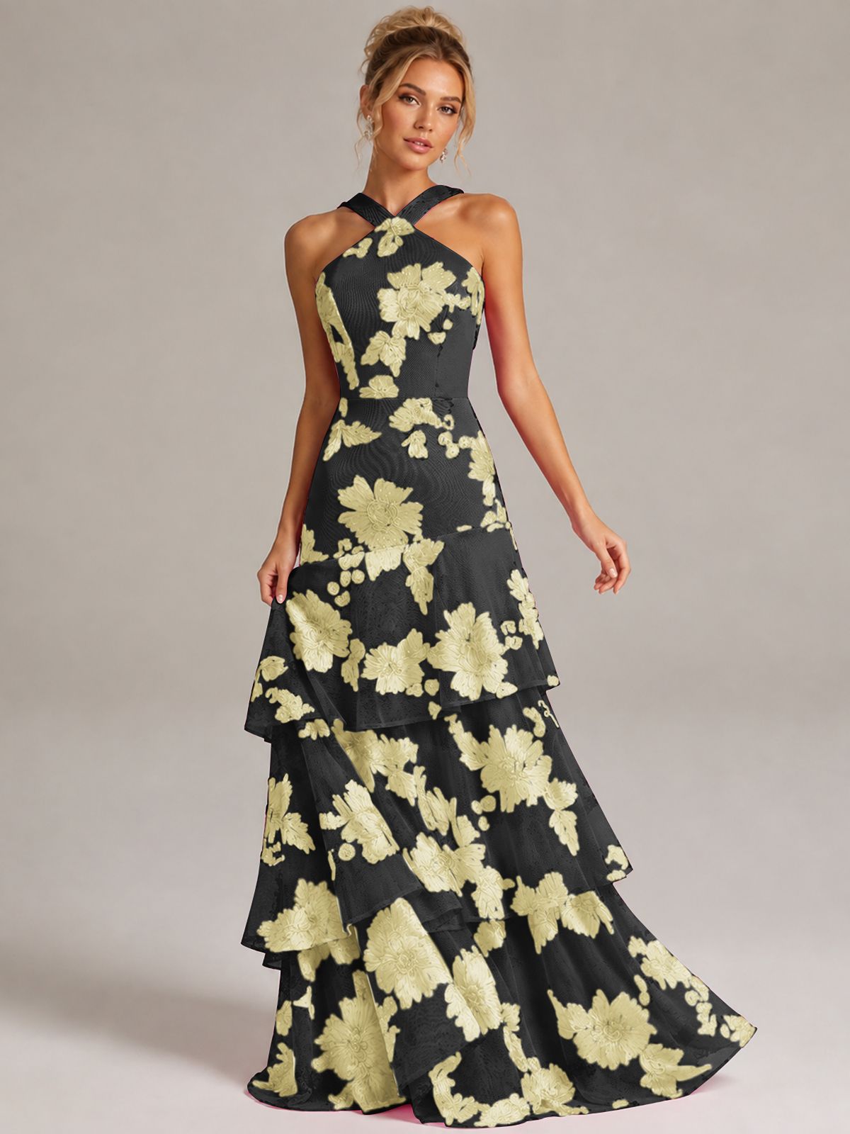 Tiered Ruffles Halter Floral Applique Prom Dress