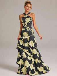 Tiered Ruffles Halter Floral Applique Prom Dress