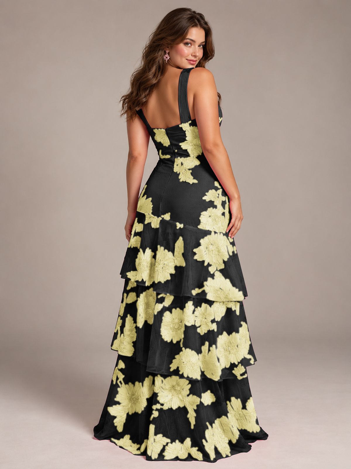 Tiered Ruffles Halter Floral Applique Prom Dress