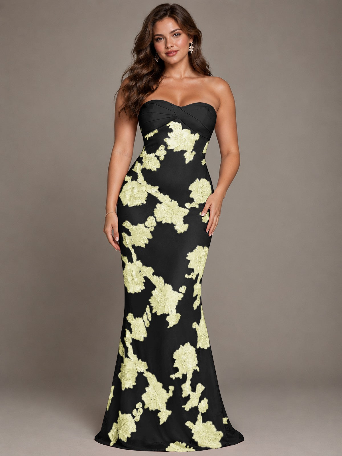 Strapless Floral Applique Mermaid Prom Dress