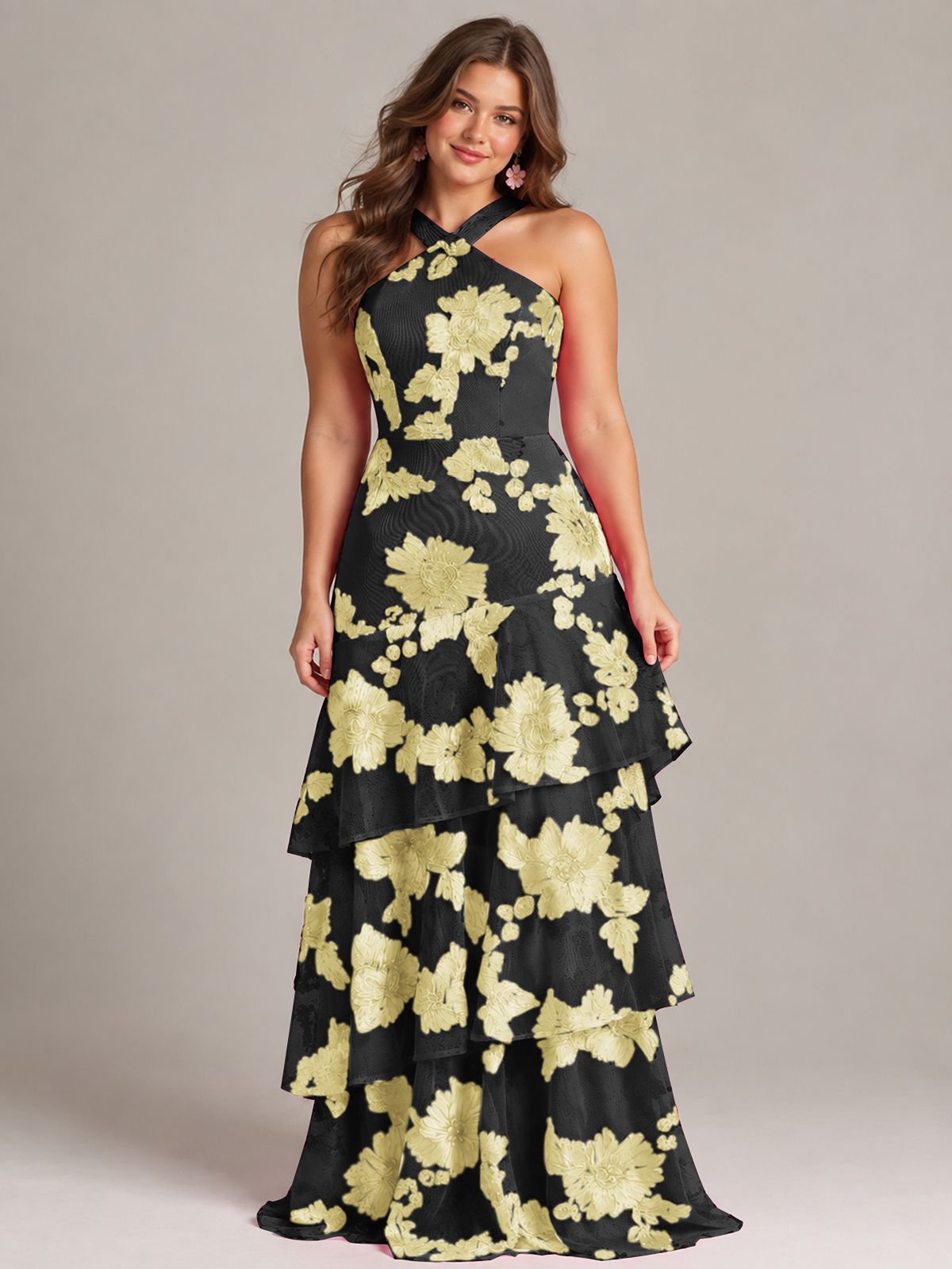 Tiered Ruffles Halter Floral Applique Prom Dress