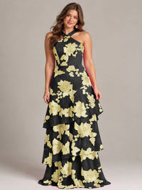 Tiered Ruffles Halter Floral Applique Prom Dress