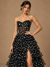 Pink Floral Strapless Corset Prom Dress with Tiered Ruffle
