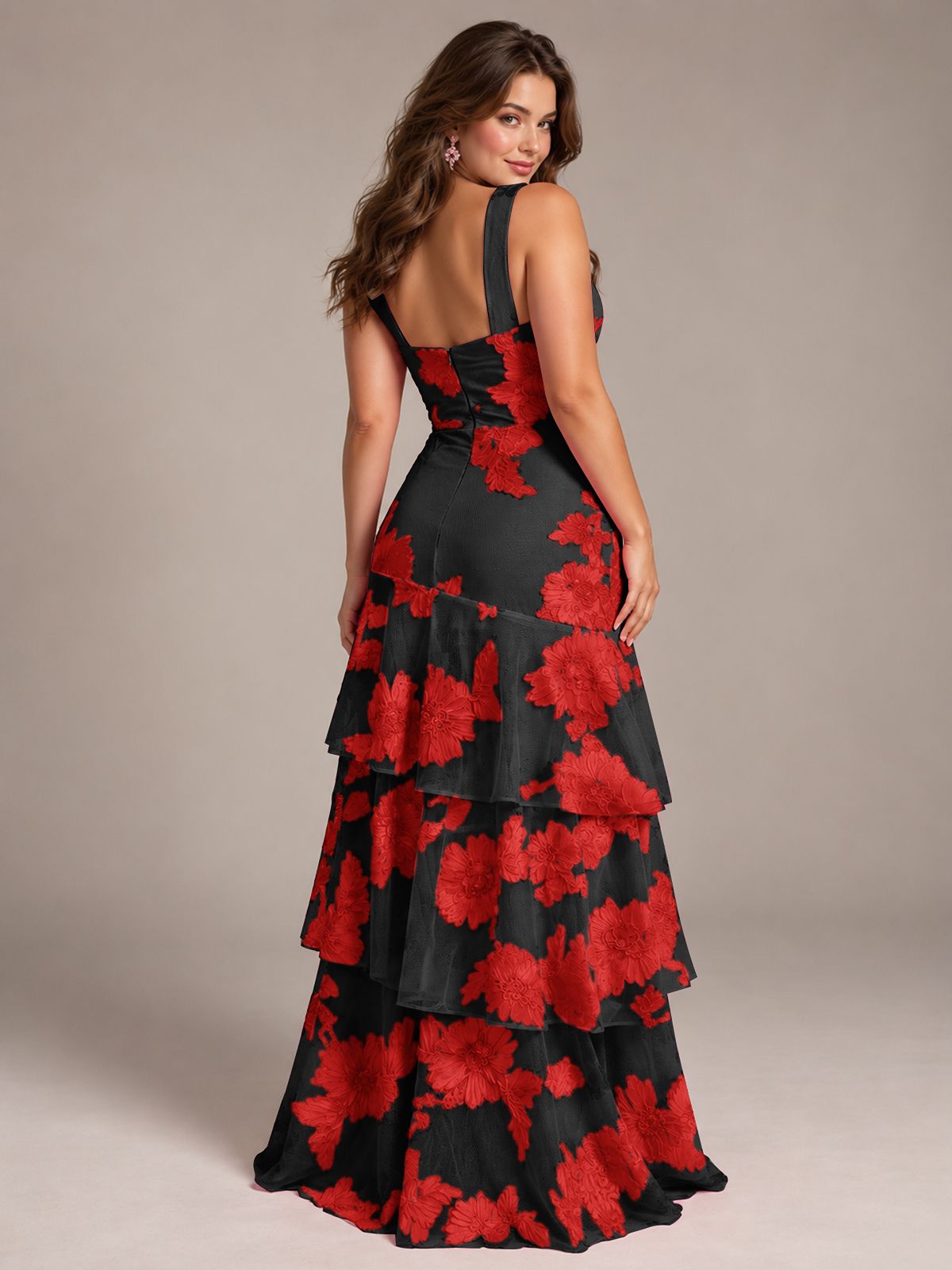 Tiered Ruffles Halter Floral Applique Prom Dress