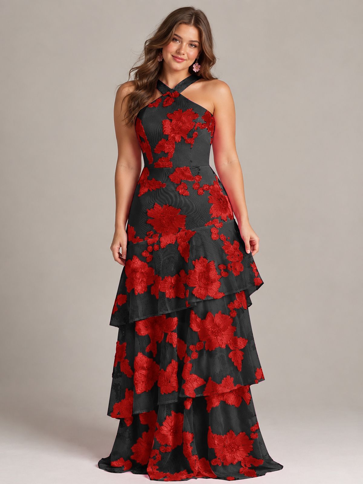 Tiered Ruffles Halter Floral Applique Prom Dress