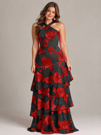 Tiered Ruffles Halter Floral Applique Prom Dress