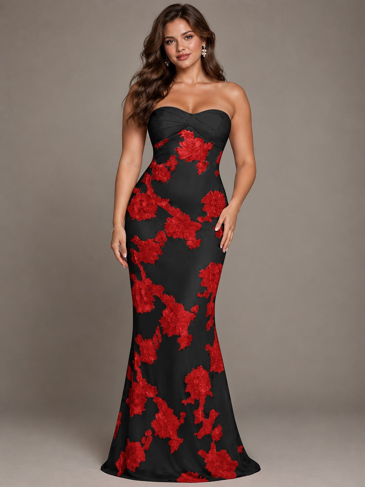 Strapless Floral Applique Mermaid Prom Dress