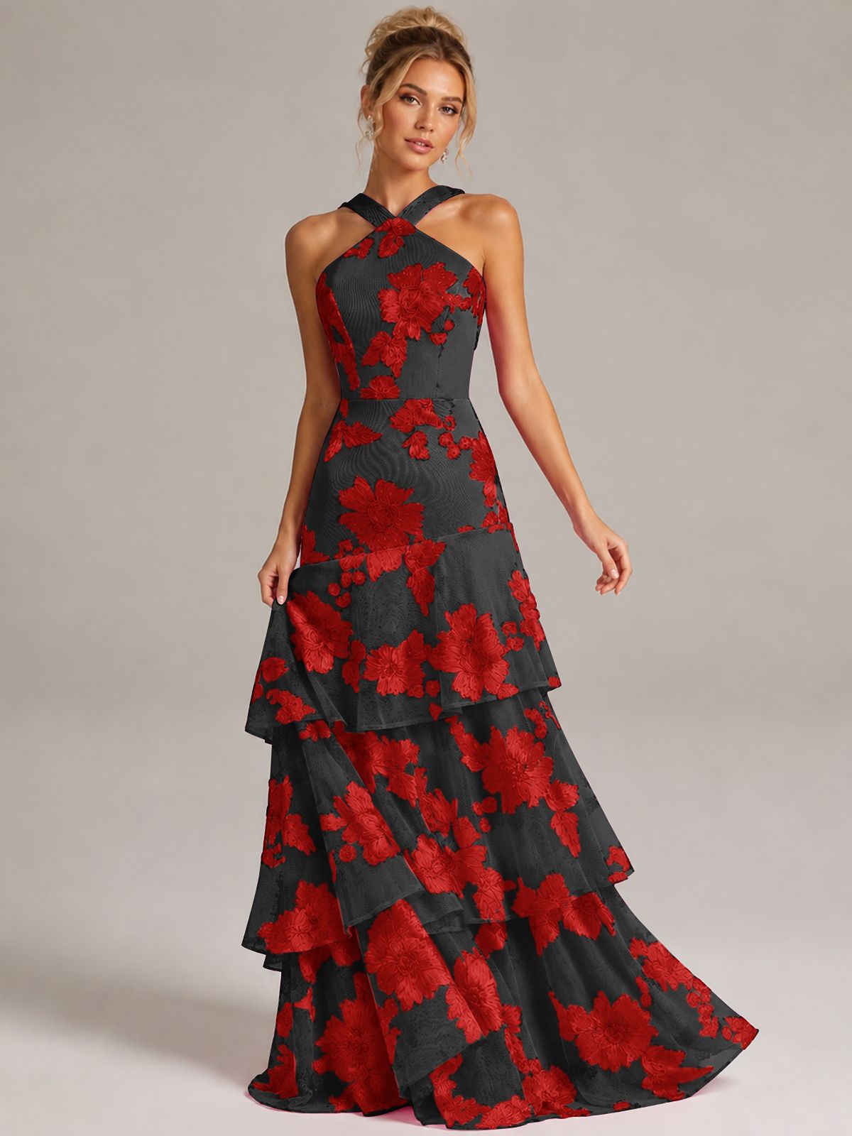 Tiered Ruffles Halter Floral Applique Prom Dress