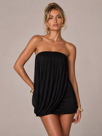 Black Strapless Mini Dress with Draped Ruched Detail