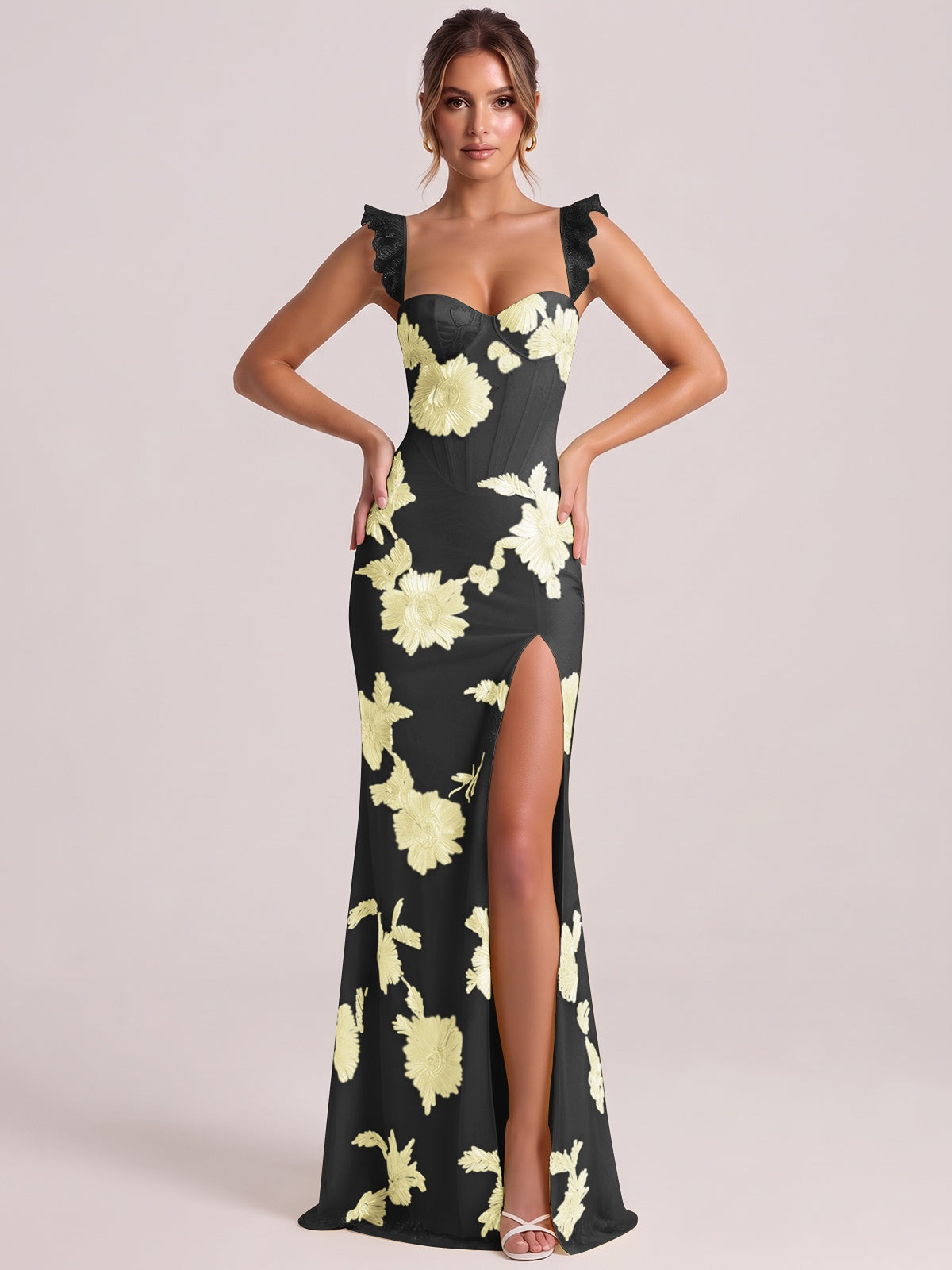 Sweetheart Floral Applique Corset Mermaid Prom Dress with High Slit