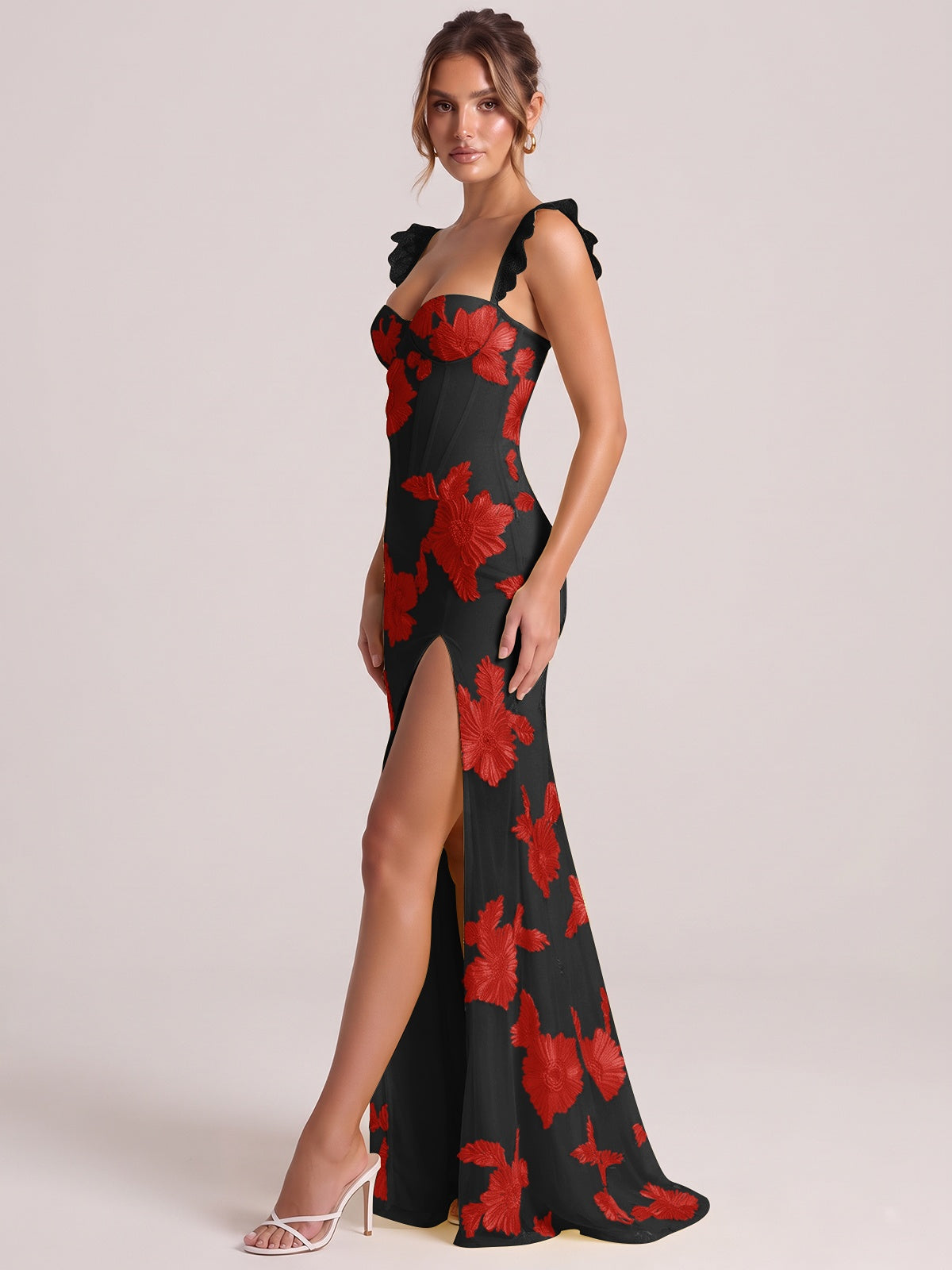 Sweetheart Floral Applique Corset Mermaid Prom Dress with High Slit