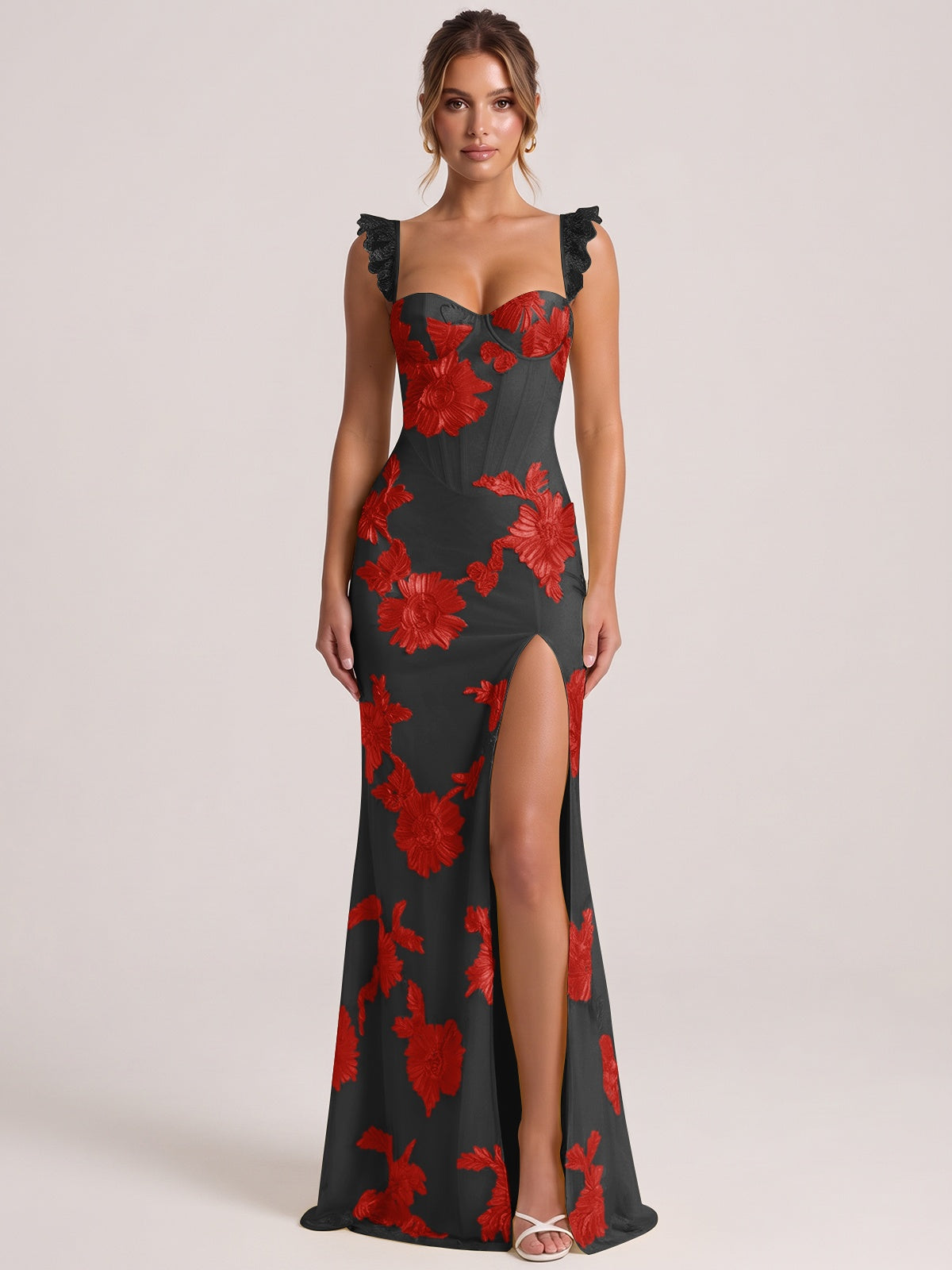 Sweetheart Floral Applique Corset Mermaid Prom Dress with High Slit