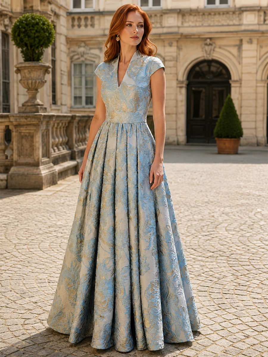 Blue floral jacquard mother of the bride dress with V-neck and cap sleeves