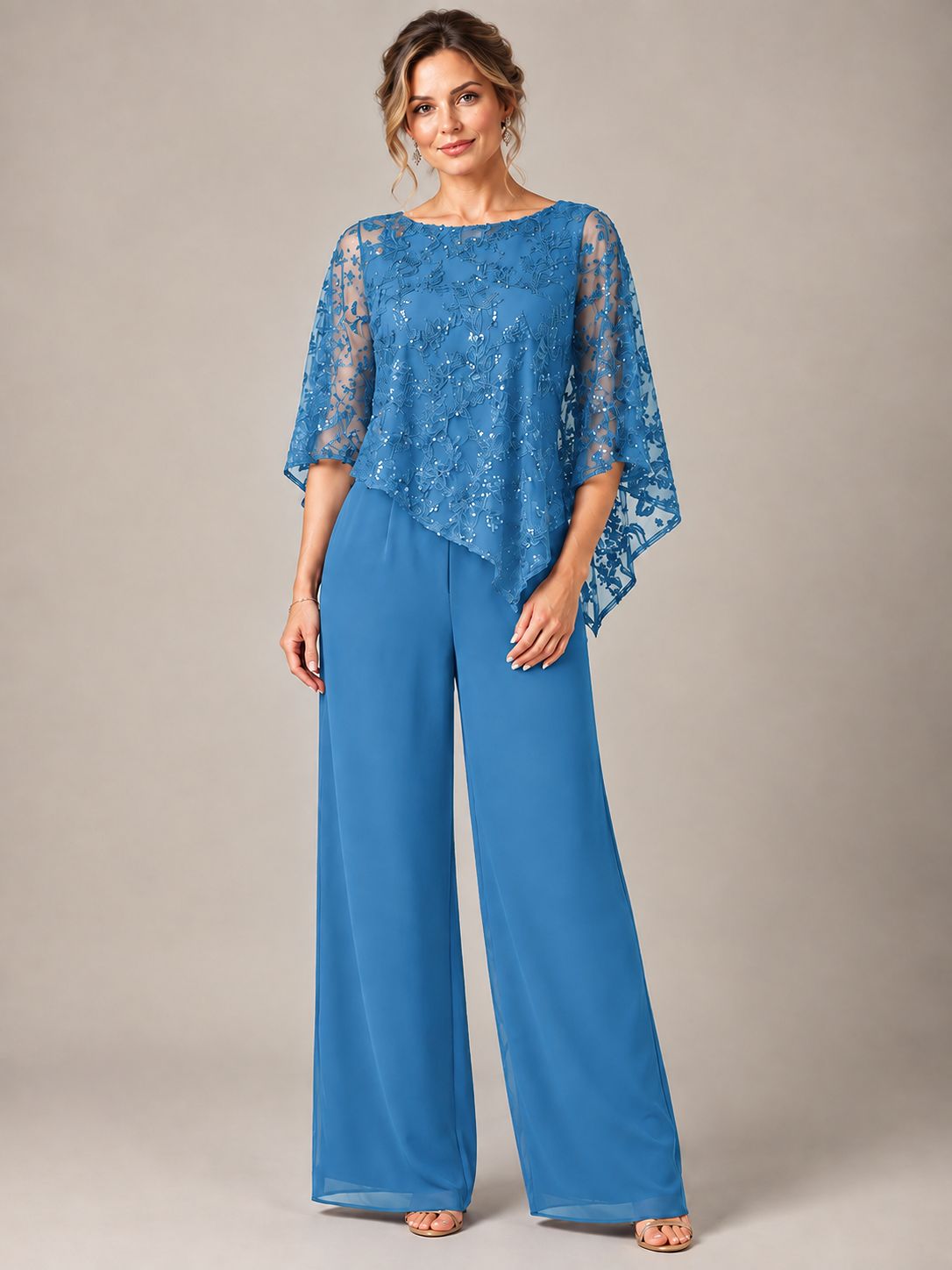 3/4 Sleeve Sequin Chiffon Jumpsuit with Cape