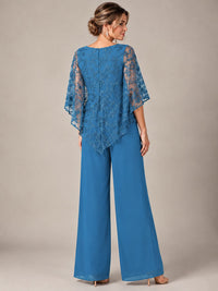 3/4 Sleeve Sequin Chiffon Jumpsuit with Cape