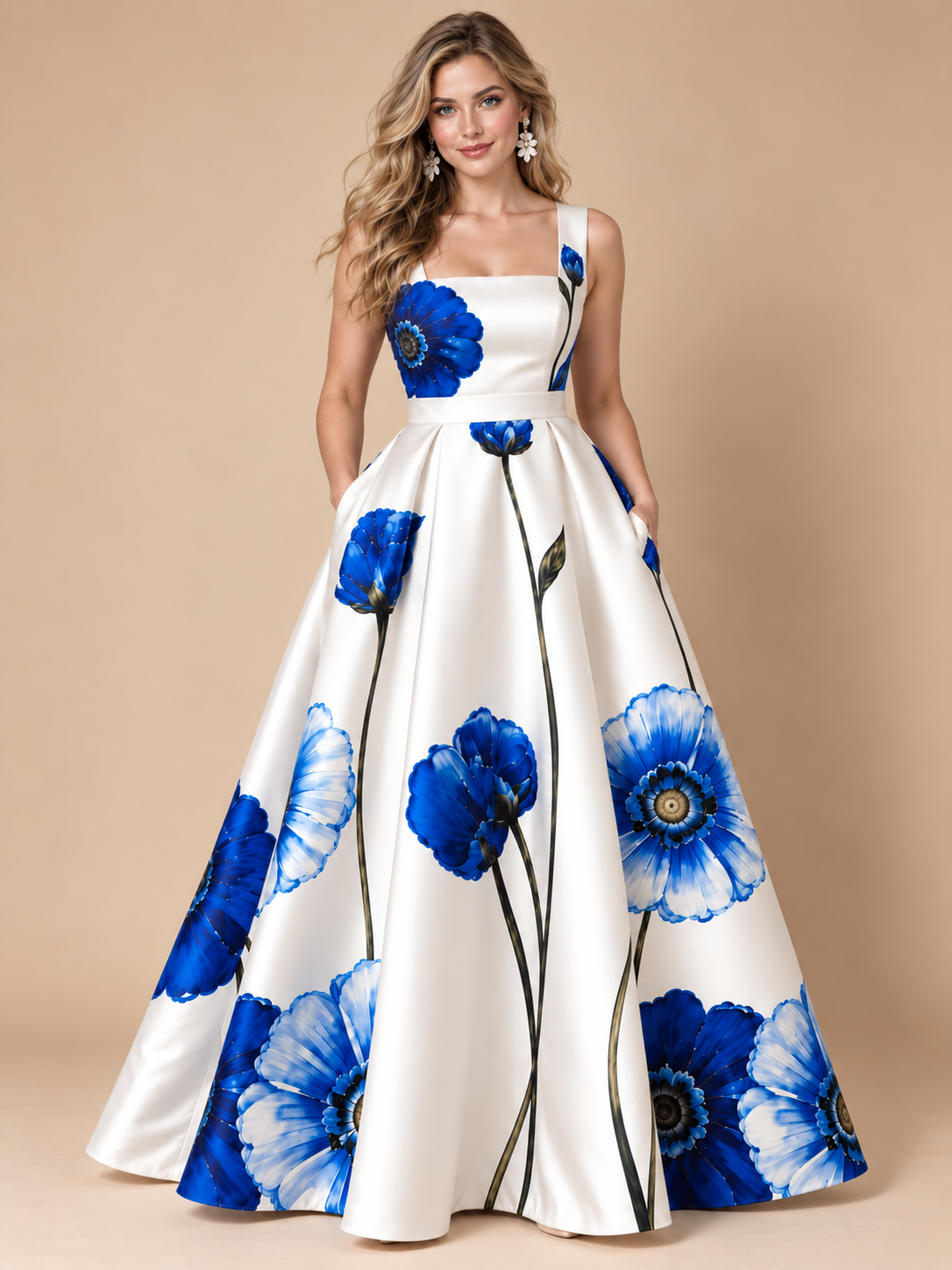 Jovellee blue floral square-neck ball gown with pockets