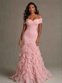 Pink Off-the-Shoulder Mermaid Prom Dress with Ruffles 3D Flowers