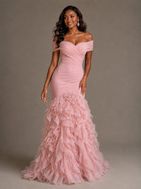 Pink Off-the-Shoulder Mermaid Prom Dress with Ruffles 3D Flowers