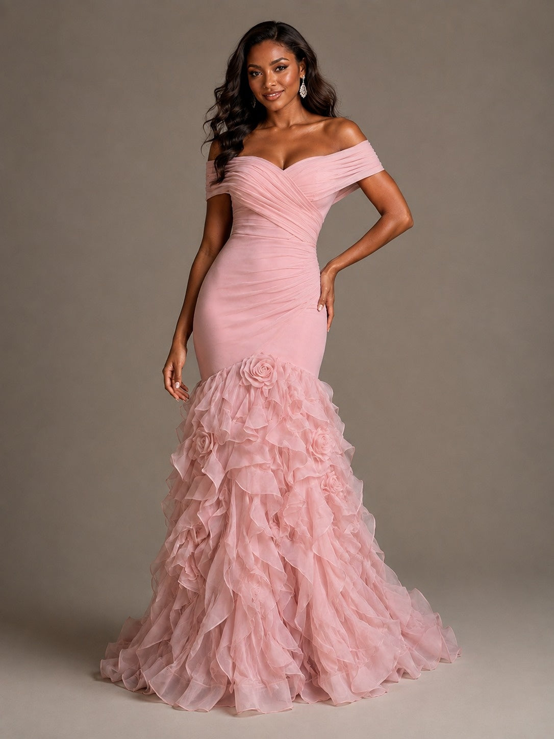 Pink Off-the-Shoulder Mermaid Prom Dress with Ruffles & 3D Flowers