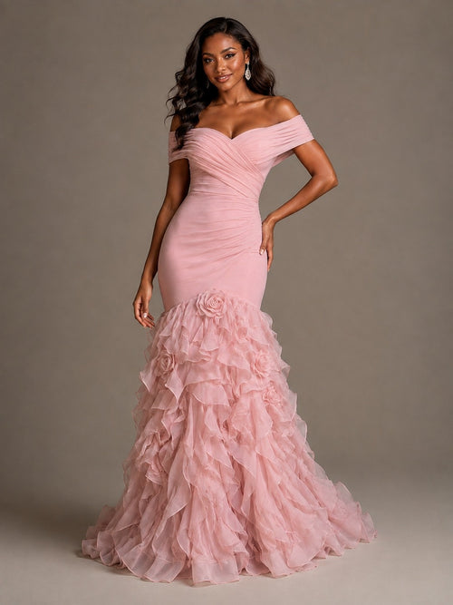 Pink Off-the-Shoulder Mermaid Prom Dress with Ruffles & 3D Flowers