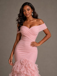 Pink Off-the-Shoulder Mermaid Prom Dress with Ruffles 3D Flowers