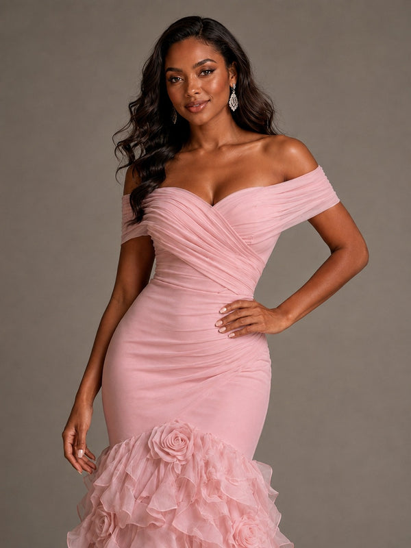 Pink Off-the-Shoulder Mermaid Prom Dress with Ruffles 3D Flowers