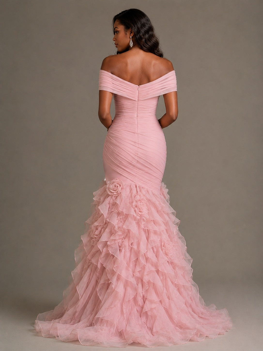Pink Off-the-Shoulder Mermaid Prom Dress with Ruffles 3D Flowers