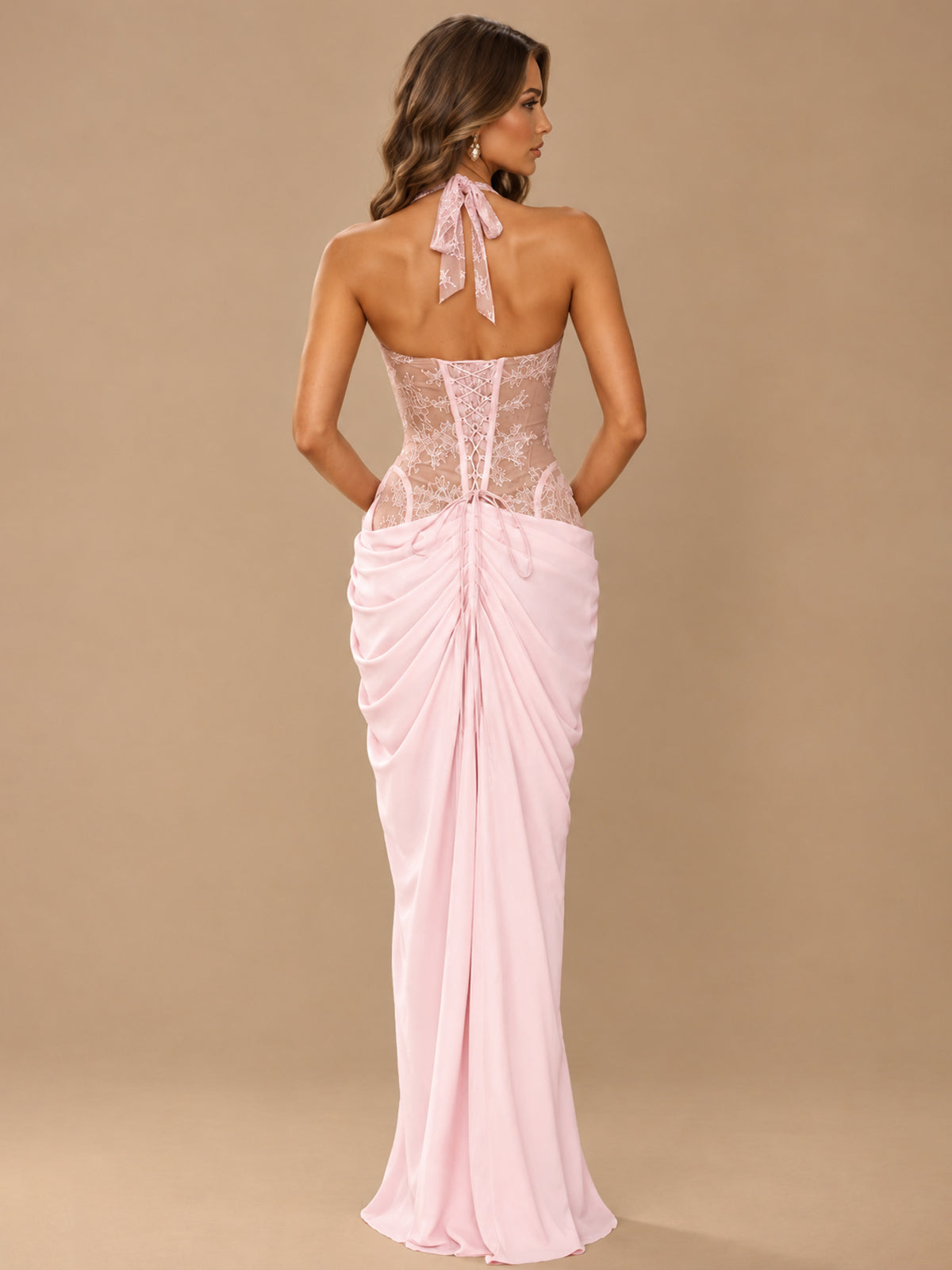 Sweetheart Halter Prom Dress Pleated Lace Floral Formal Dress with Slit