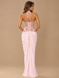 Sweetheart Halter Prom Dress Pleated Lace Floral Formal Dress with Slit