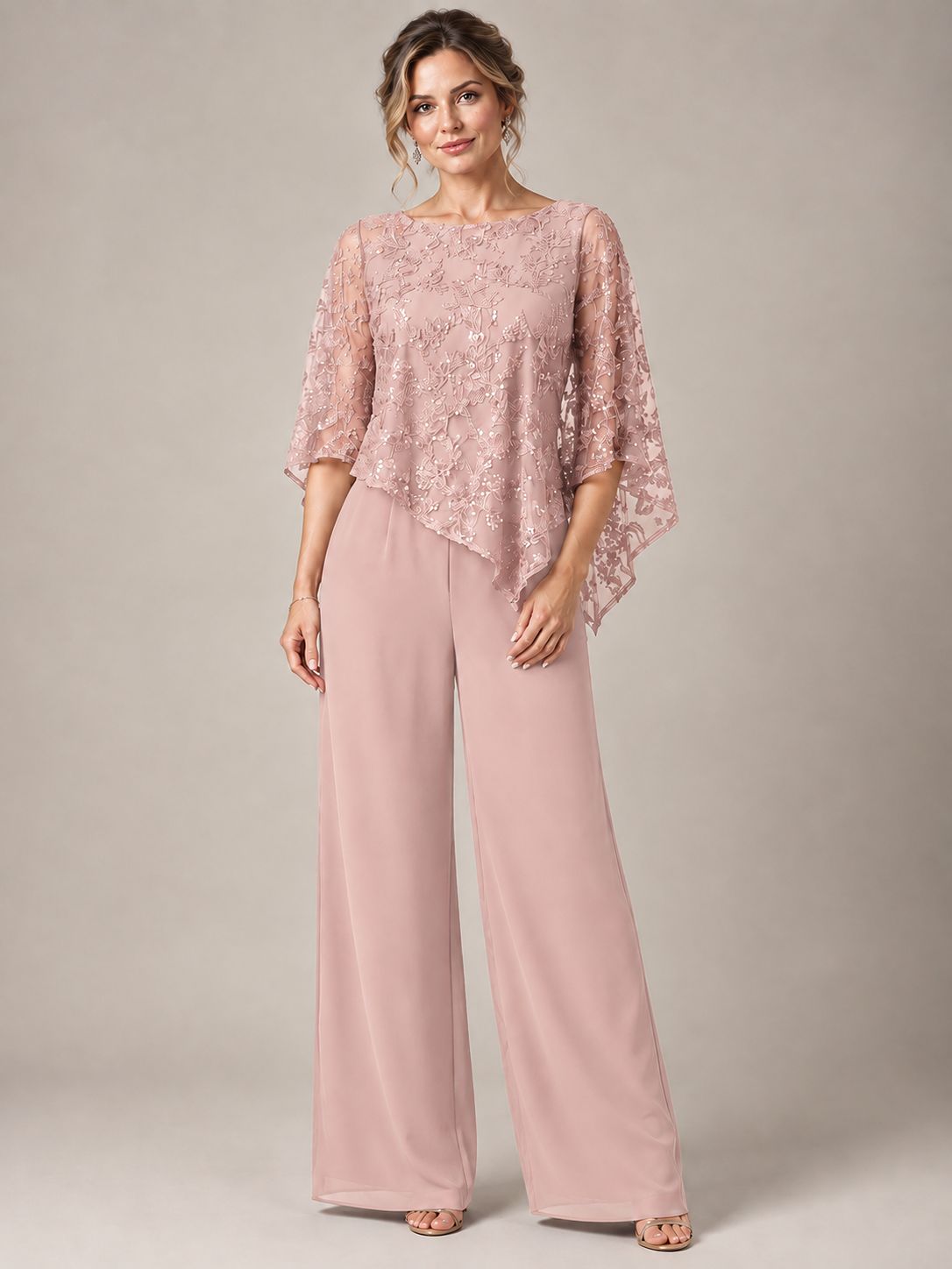 3/4 Sleeve Sequin Chiffon Jumpsuit with Cape