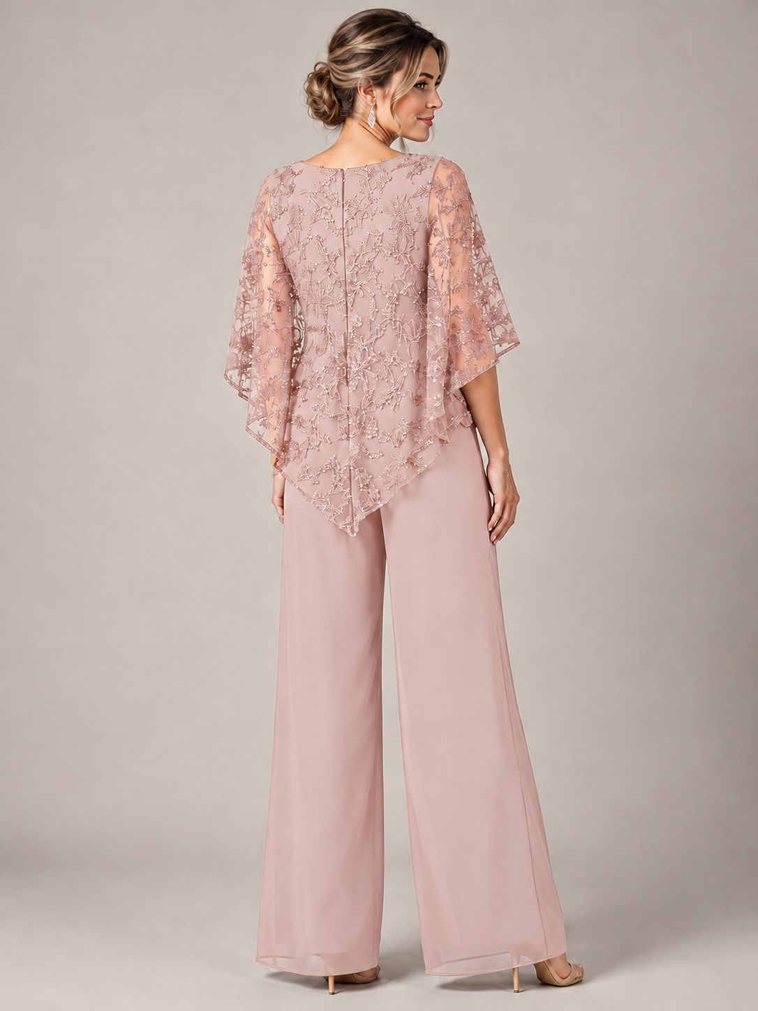3/4 Sleeve Sequin Chiffon Jumpsuit with Cape